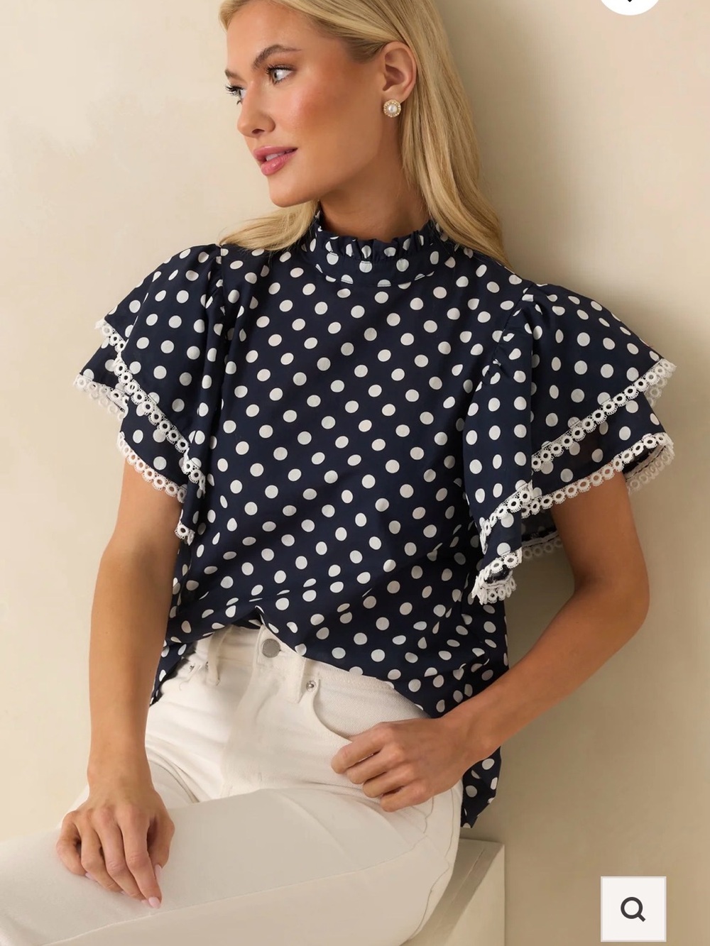 PROSPERINA BLAIR MAVY POLKA DOT COTTON RUFFLE TOP